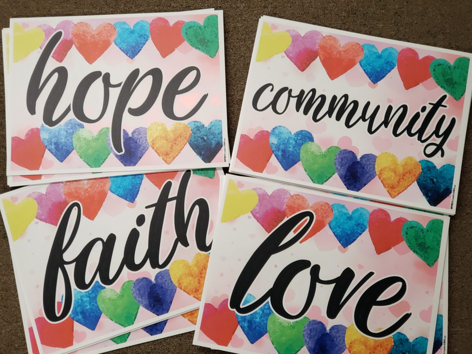 Hearts Inspirational Yard Signs HOPE, LOVE, FAITH and COMMUNITY RPM